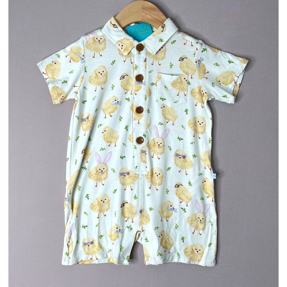 NWT Posh Peanut Chicks Print Charles Collared Henley Short Romper Boys 2T